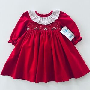 Luli & Me 12 Months Baby Girl Red Hand Smocked Dress Holiday NWT